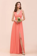 Coral Beach Bridesmaid Dress Front Split Wedding Party Dress-misshow.com