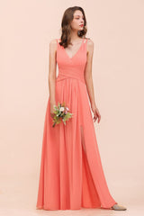 Coral Beach Bridesmaid Dress Front Split Wedding Party Dress-misshow.com