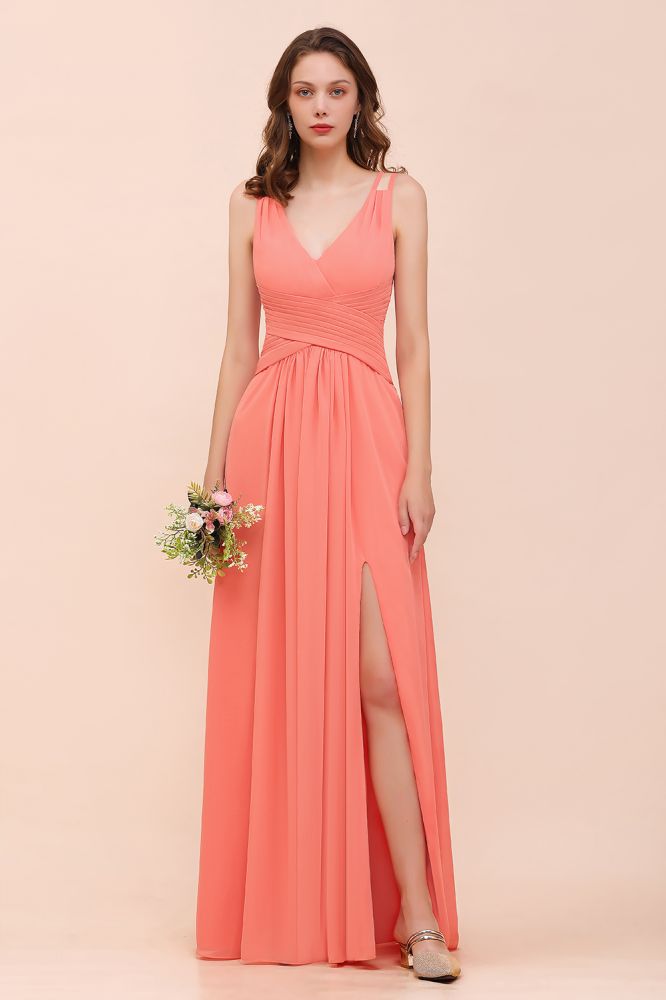 Coral Beach Bridesmaid Dress Front Split Wedding Party Dress-misshow.com