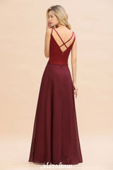 Cross Backless Floor Length Satin Evening Gowns Burgundy Bridesmaid Dress-misshow.com