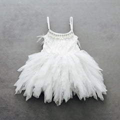 Cute A-line Tea Length Spaghetti Straps Feather Flower Girl Dresses-misshow.com