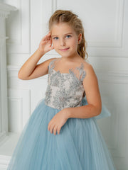 Cute Blue Sleeveless Ball Gown Flower Girls Dress With Beads-misshow.com