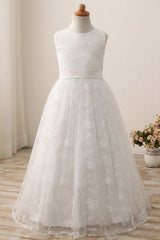 Cute Long A-line Jewel Lace Sleeveless Floor length Flower Girl Dress-misshow.com