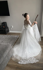 Cute Long Boho Lace Flower Girl Dresses with sleeves-misshow.com