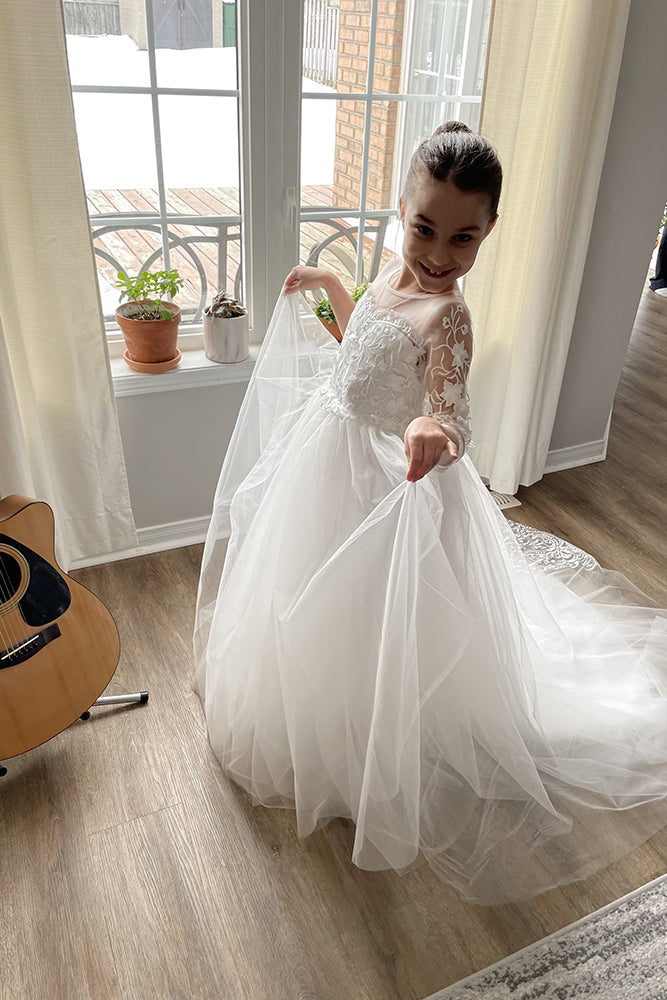 Cute Long Boho Lace Flower Girl Dresses with sleeves-misshow.com