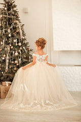 Cute Long Princess Tulle Lace Full Length Flower Girl Dress-misshow.com