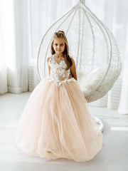 Cute Puffy Lace Appliqued Sleeveless Flower Girl Dresses-misshow.com