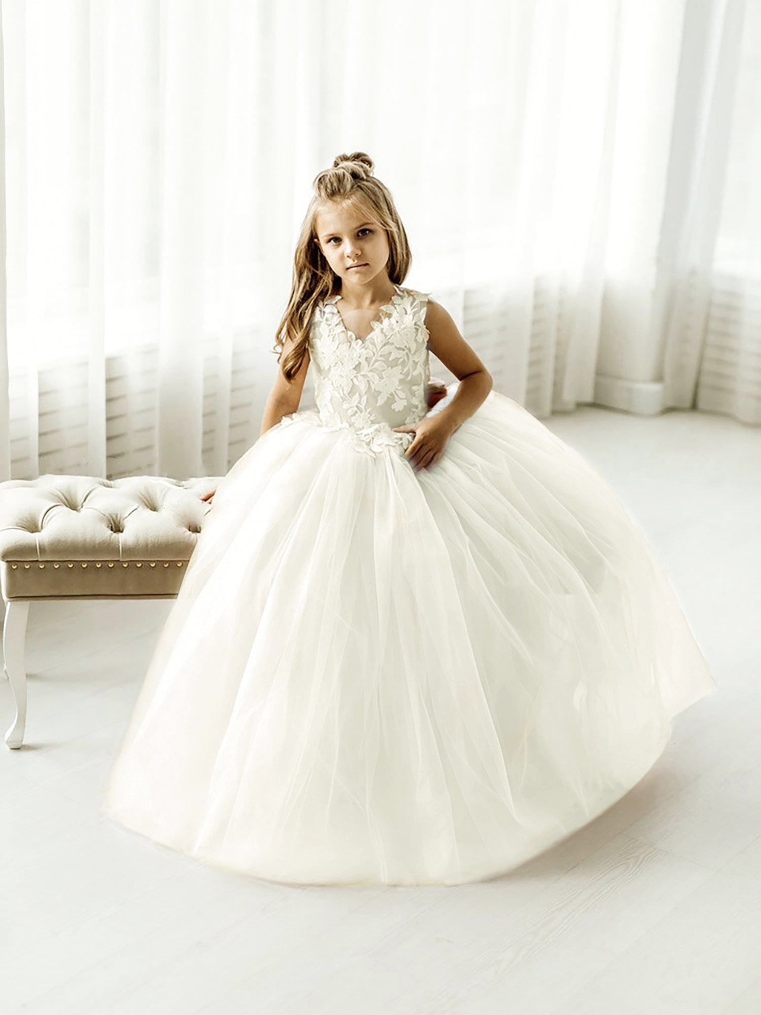 Cute Puffy Lace Appliqued Sleeveless Flower Girl Dresses-misshow.com