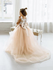 Cute Puffy Lace Appliqued Sleeveless Flower Girl Dresses-misshow.com