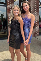 Cute Sequins Feathers Strapless Sleeveless Short Prom Dresses-misshow.com