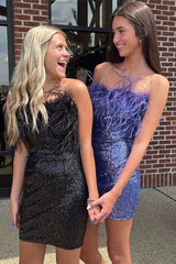 Cute Sequins Feathers Strapless Sleeveless Short Prom Dresses-misshow.com