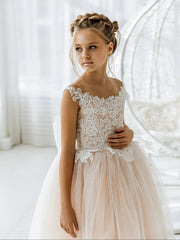 Cute Sleeveless Floral Lace Champagne Flower Girl Dress-misshow.com