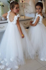 Cute Tulle Appliques Backless Flower Girl Dresses with Pearls-misshow.com