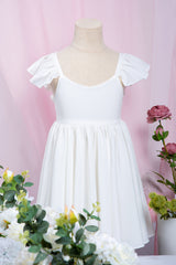 Cute White Ruffle Sleeves Flower Girl Dress Pleated A-line Little Girl Dress for Wedding Party-misshow.com