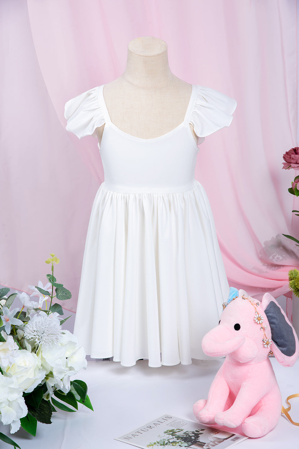 Cute White Ruffle Sleeves Flower Girl Dress Pleated A-line Little Girl Dress for Wedding Party-misshow.com