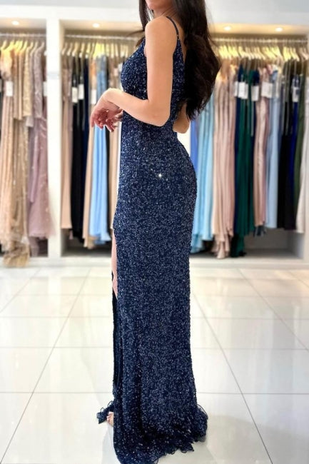 Dark Blue Long Glitter Spaghetti Straps V-neck Evening Dresses With Slit-misshow.com