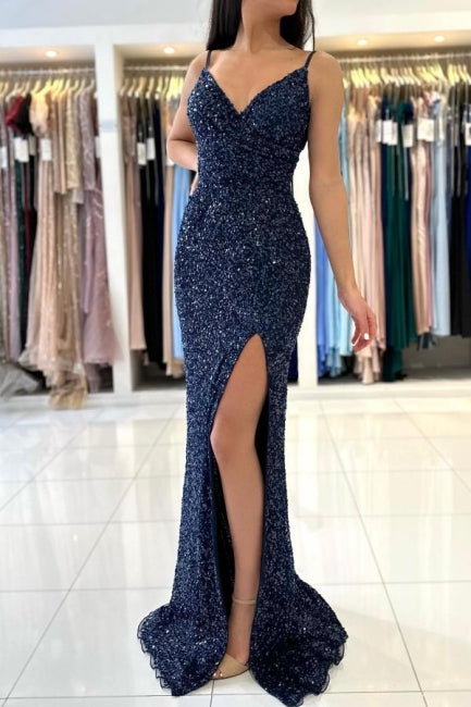 Dark Blue Long Glitter Spaghetti Straps V-neck Evening Dresses With Slit-misshow.com