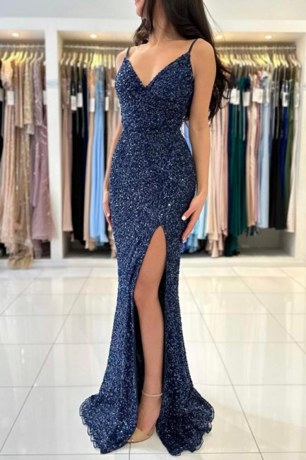 Dark Blue Long Glitter Spaghetti Straps V-neck Evening Dresses With Slit-misshow.com