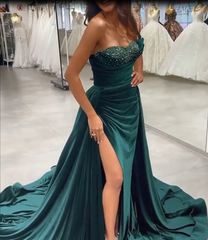 Dark Green Sequins Sleeveless Sweetheart Floor-length Split Front A-line Prom Dresses-misshow.com