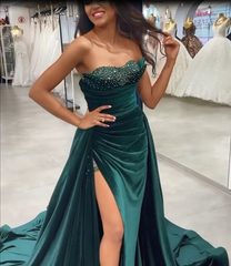 Dark Green Sequins Sleeveless Sweetheart Floor-length Split Front A-line Prom Dresses-misshow.com