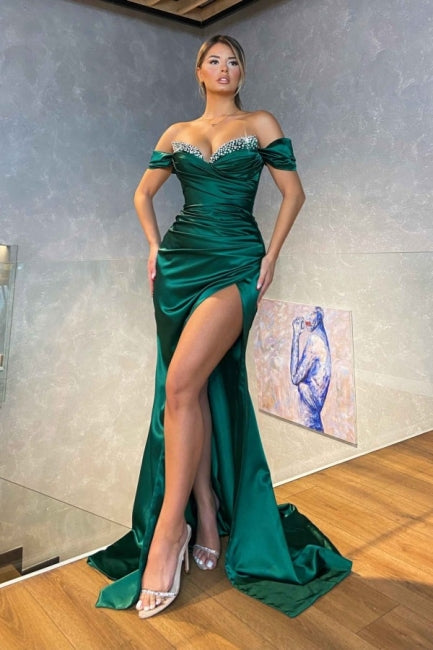 Dark Green Sexy Off-the-shoulder Sleeveless Satin Floor-Length Prom Dresses with Ruffles-misshow.com