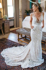 Deep V-Neck Beach Sleeveless Lace Mermaid Elegant Wedding Dresses