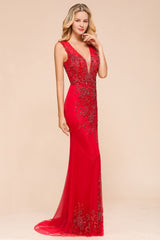 MISSHOW offers Deep V-Neck Sleeveless Lace Appliques Evening Maxi Dress A-line Chiffon Prom Dress at a good price from Ivory,Blushing Pink,Red,Burgundy,Gold,Champagne,Royal Blue,Dark Navy,Silver,Dark Green,Tulle to A-line,Mermaid Floor-length them. Stunning yet affordable Sleeveless Prom Dresses,Evening Dresses.