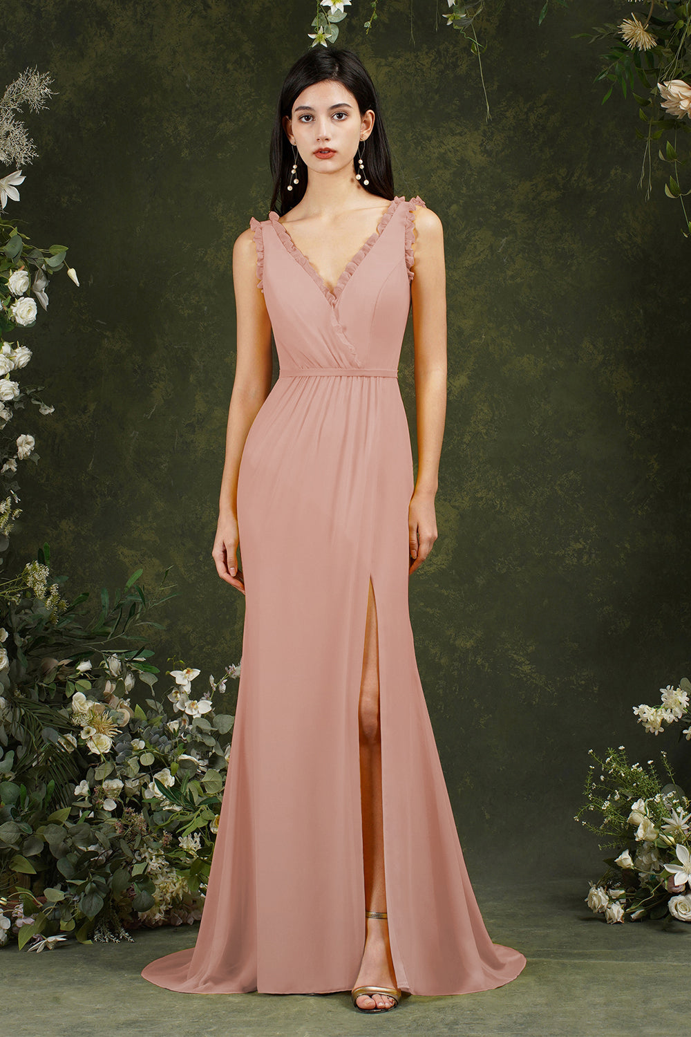 Deep V neck Sleeveless Split Front Floor-Length Prom dress-misshow.com