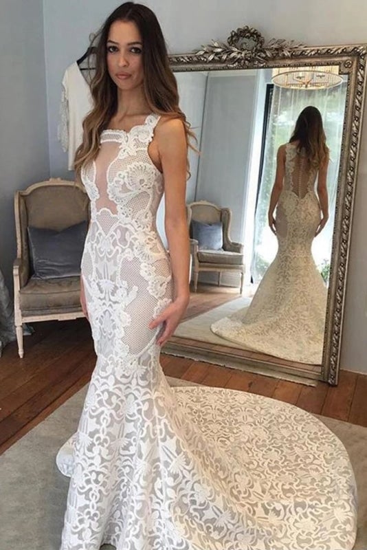 Delicate Illusion Court Train Lace Mermaid Elegant Wedding Dresses