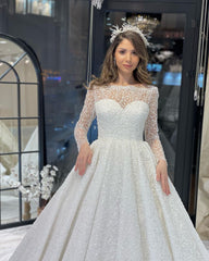 Deluxe Floor Length Long Sleeves A-Line Lace Wedding Dress with Ruffles-misshow.com