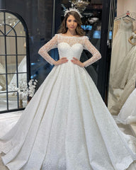 Deluxe Floor Length Long Sleeves A-Line Lace Wedding Dress with Ruffles-misshow.com