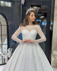 Deluxe Floor Length Long Sleeves A-Line Lace Wedding Dress with Ruffles-misshow.com