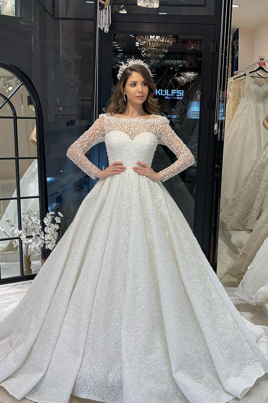 Deluxe Floor Length Long Sleeves A-Line Lace Wedding Dress with Ruffles-misshow.com