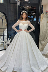 Deluxe Floor Length Long Sleeves A-Line Lace Wedding Dress with Ruffles-misshow.com