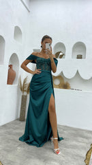 Deluxe Floor Length Off-The-Shoulder Sleeveless Mermaid Satin Prom Dress with Split-misshow.com