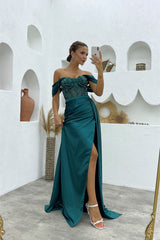 Deluxe Floor Length Off-The-Shoulder Sleeveless Mermaid Satin Prom Dress with Split-misshow.com