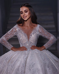 Deluxe Floor Length Sweetheart Long Sleeves A-Line Sequined Wedding Dress with Ruffles-misshow.com