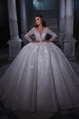 Deluxe Floor Length Sweetheart Long Sleeves A-Line Sequined Wedding Dress with Ruffles-misshow.com