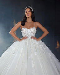 Deluxe Floor Length Sweetheart Sleeveless Spaghetti Straps A-Line Lace Wedding Dress with Ruffles-misshow.com