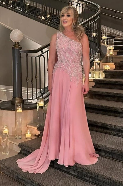 Designer A-Line Chiffon One Shoulder Sleeveless Pink Prom Dress With Appliques