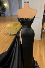 Designer A-line Evening Dresses Long Black Prom Dresses With Slit-misshow.com