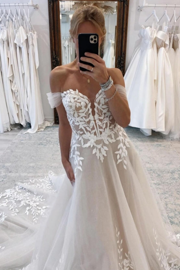 Designer A-Line Lace Off-The-Shoulder Sleeveless White Wedding Dress With Train