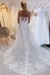 Designer A-Line Lace Off-The-Shoulder Sleeveless White Wedding Dress With Train