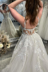 Designer A-Line Lace Sweetheart Sleeveless White Wedding Dress With Train