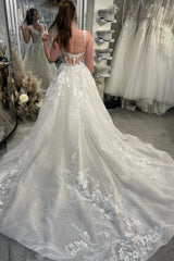 Designer A-Line Lace Sweetheart Sleeveless White Wedding Dress With Train