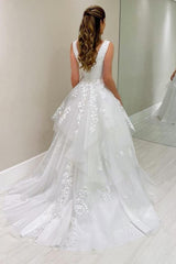 Designer A-Line Lace V-Neck Sleeveless White Wedding Dress With Appliques