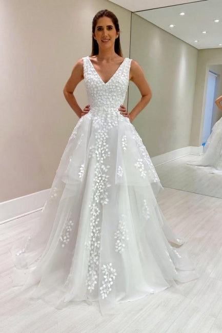 Designer A-Line Lace V-Neck Sleeveless White Wedding Dress With Appliques