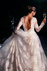 Designer A-line Long Sleeves Backless Wedding dresses with Lace-misshow.com