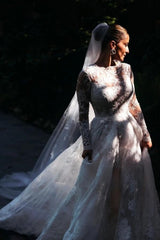 Designer A-line Long Sleeves Backless Wedding dresses with Lace-misshow.com