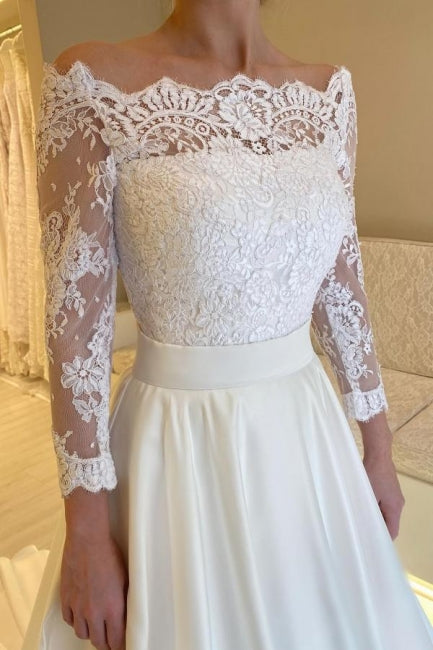 Designer A-Line Satin Lace Long Sleeve White Wedding Dress With Appliques